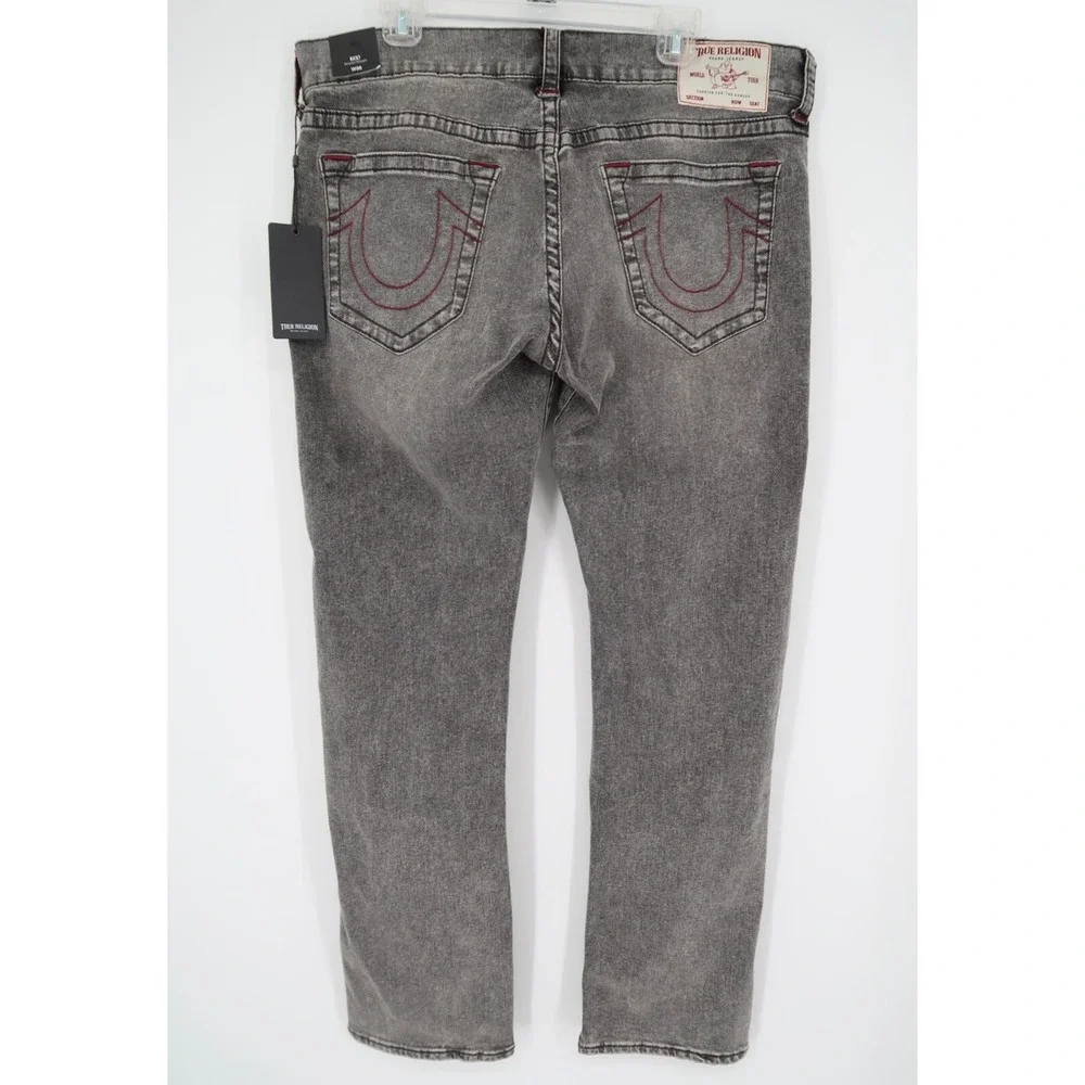 True Religion 36 Ricky Straight Bounty Gray Wash Red Stitching Denim Jeans NEW